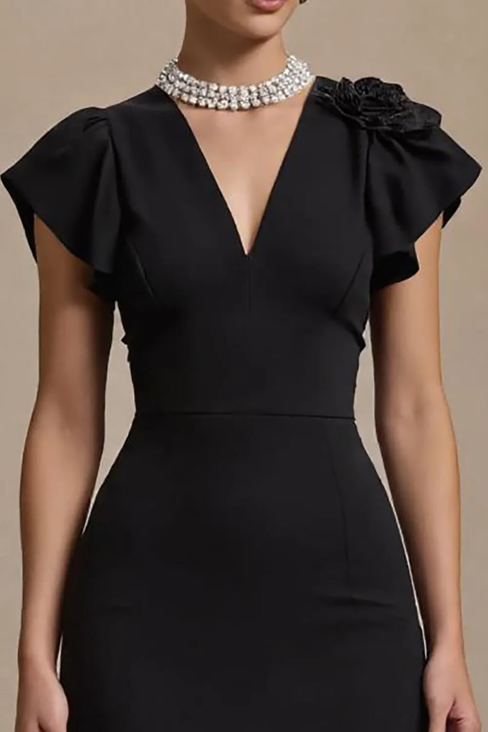 Black Midi Sheath V-Neck Work Dress with Ruffles sold by Zapaka product image thumbnail 3