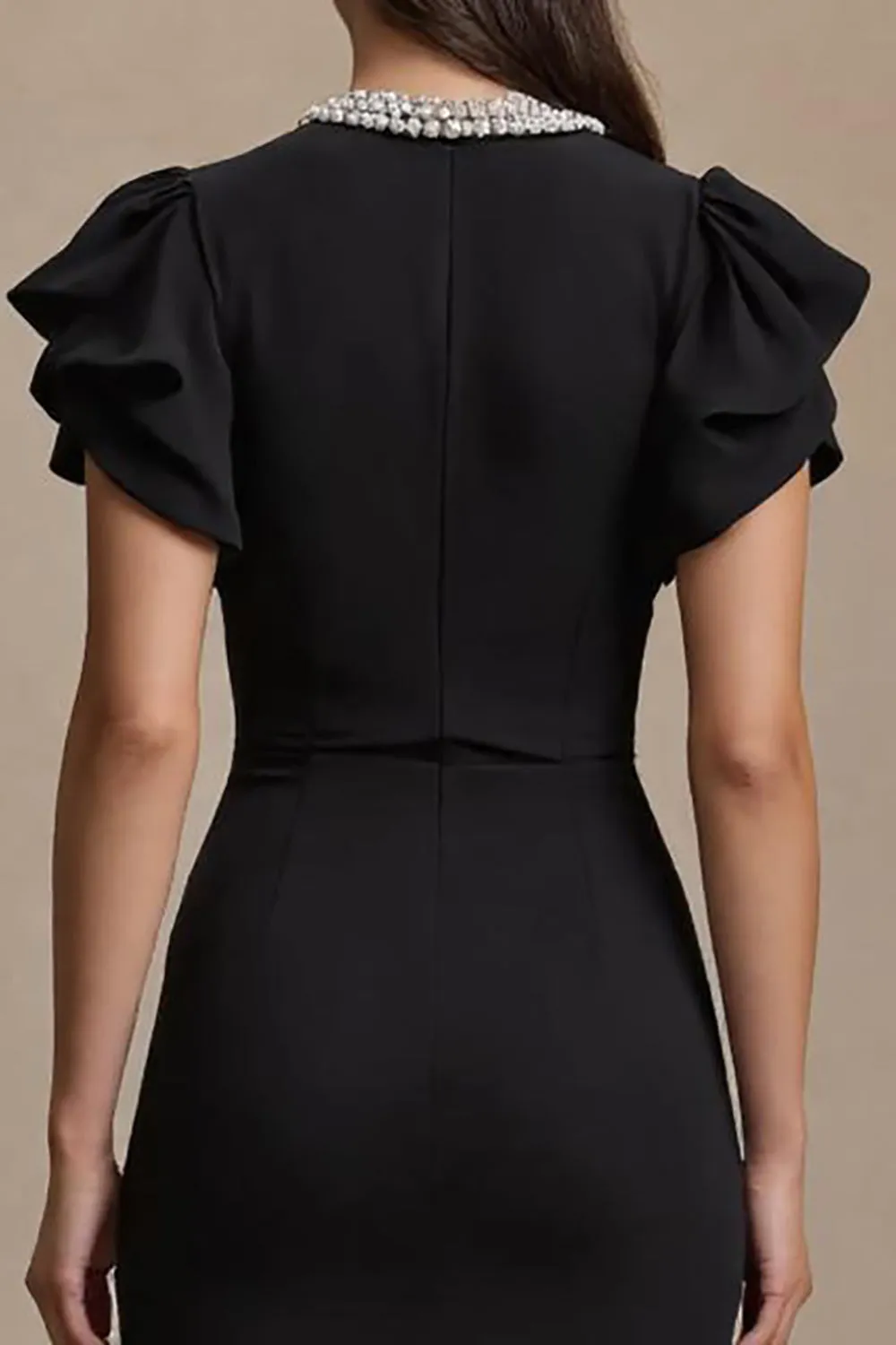 Black Midi Sheath V-Neck Work Dress with Ruffles sold by Zapaka product image thumbnail 4