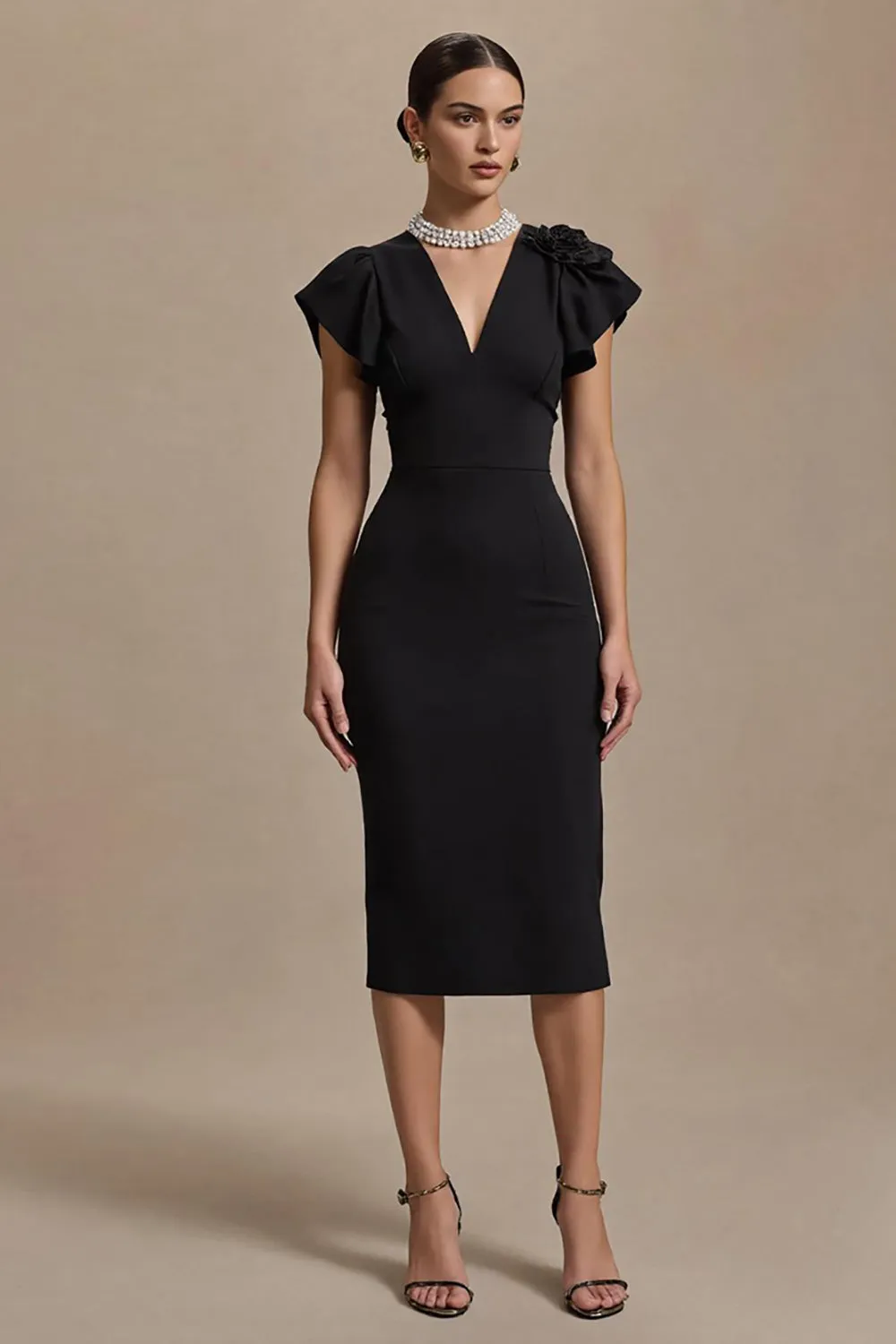 Black Midi Sheath V-Neck Work Dress with Ruffles sold by Zapaka