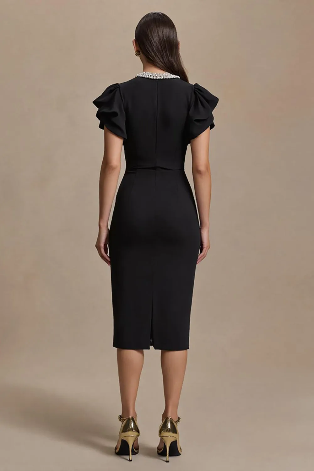 Black Midi Sheath V-Neck Work Dress with Ruffles sold by Zapaka product image thumbnail 2