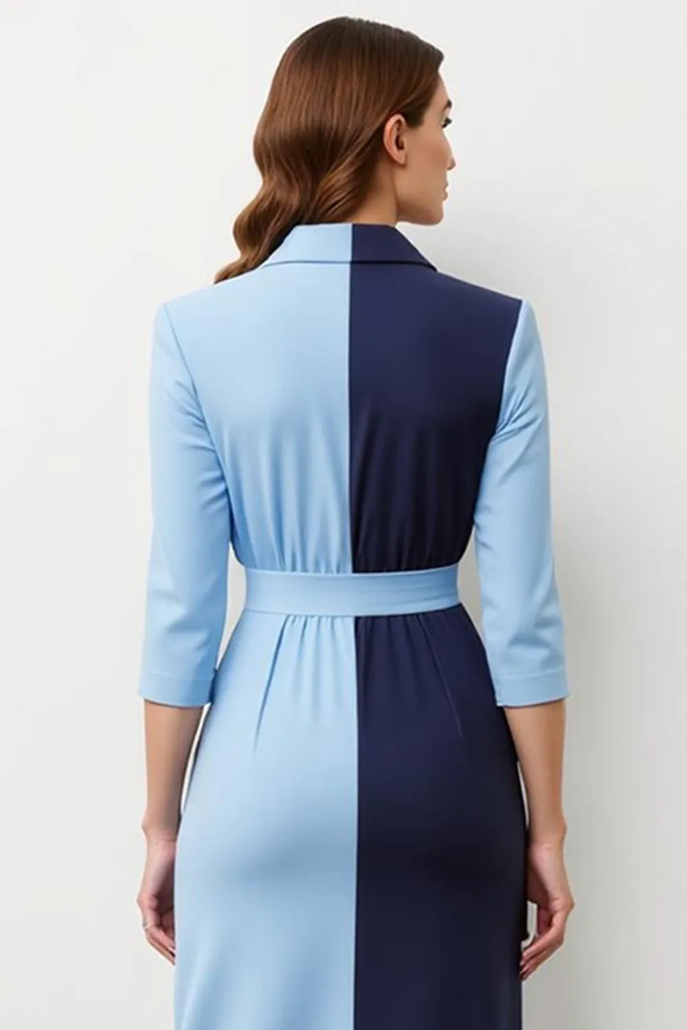 Navy Blue Patchwork Peak Lapel Midi Blazer Dress with Bow sold by Zapaka product image thumbnail 4