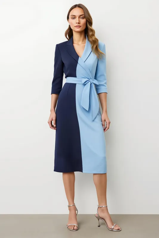 Navy Blue Patchwork Peak Lapel Midi Blazer Dress with Bow sold by Zapaka