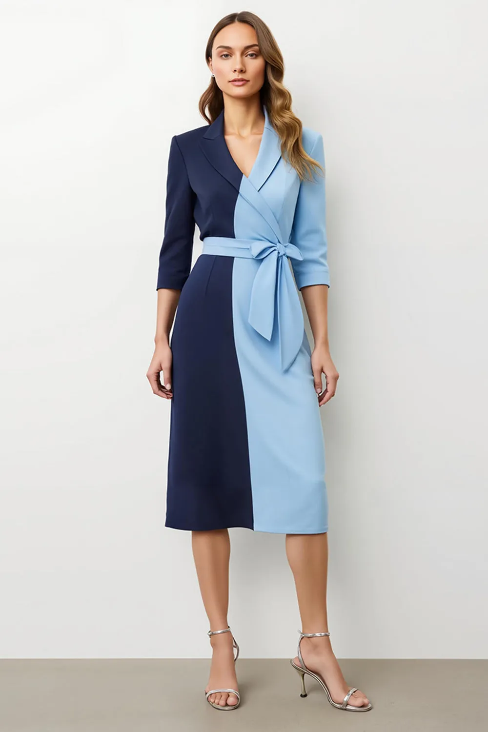 Navy Blue Patchwork Peak Lapel Midi Blazer Dress with Bow sold by Zapaka