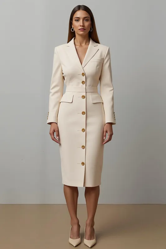 Champagne Pencil Notched Lapel Midi Blazer Dress sold by Zapaka