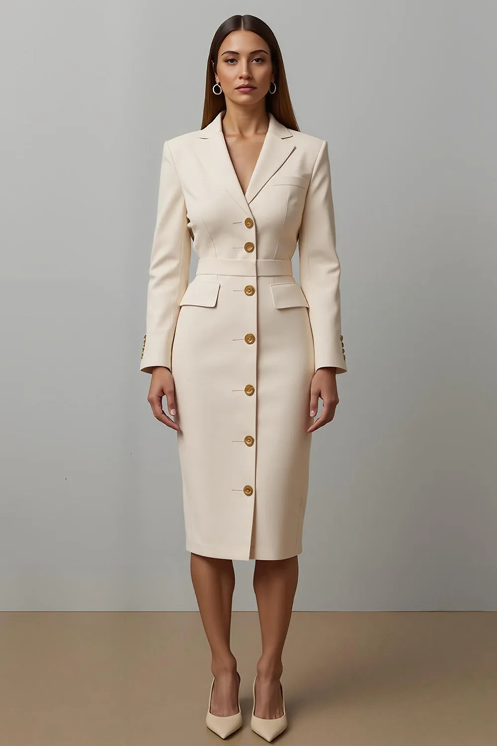 Champagne Pencil Notched Lapel Midi Blazer Dress sold by Zapaka