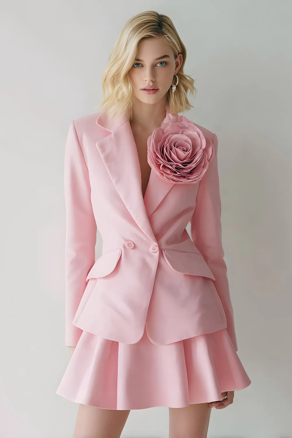 Pink 2 Piece Satin Notched Lapel Short Business Suits with 3D Flower sold by Zapaka