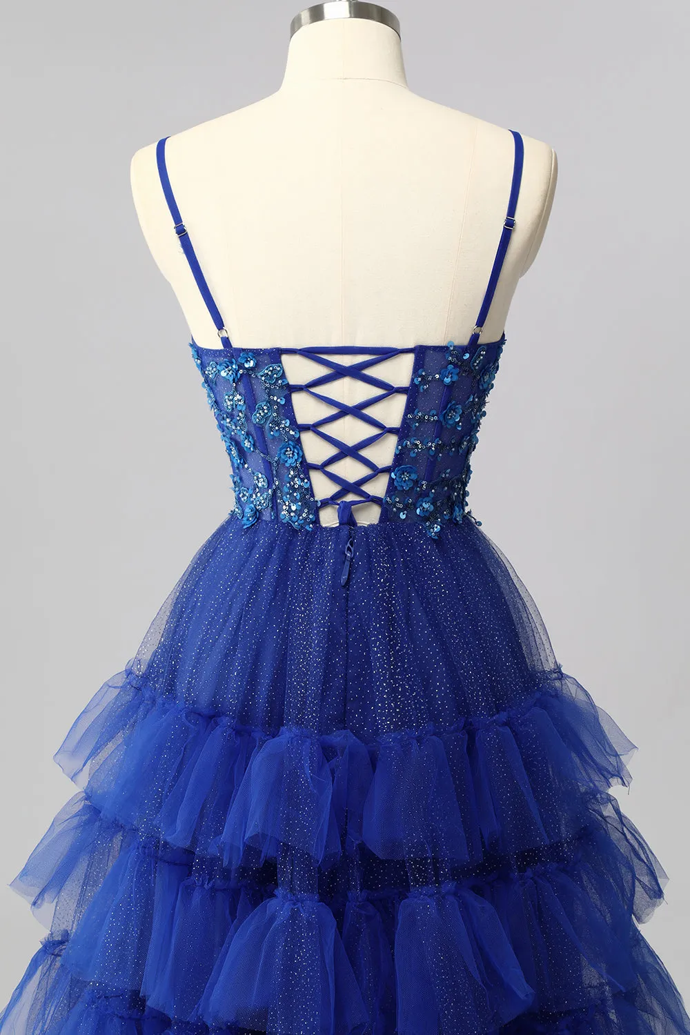 Sparkly Royal Blue Corset A Line Tiered Long Prom Dress with Appliques sold by Zapaka product image thumbnail 5