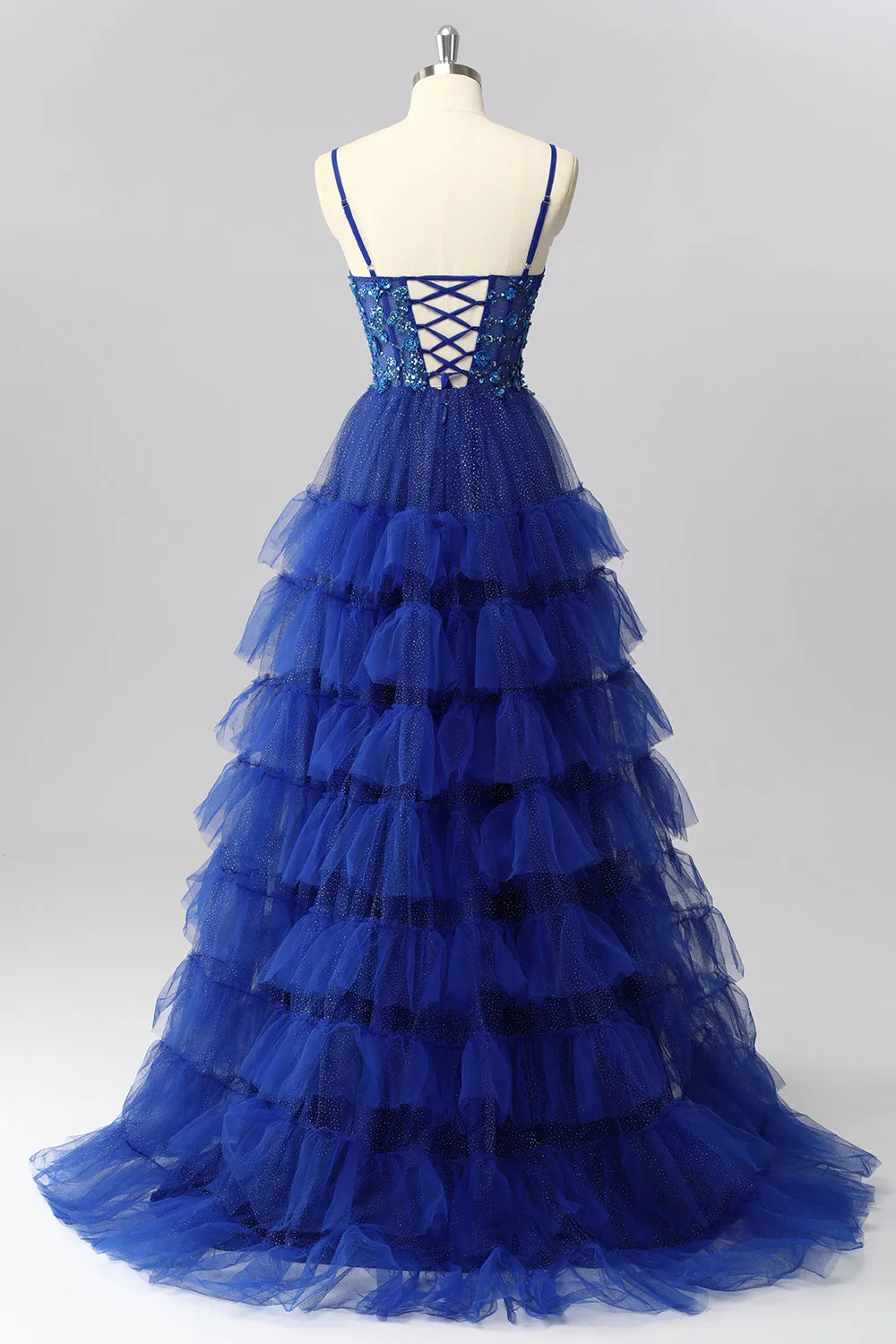 Sparkly Royal Blue Corset A Line Tiered Long Prom Dress with Appliques sold by Zapaka product image thumbnail 2
