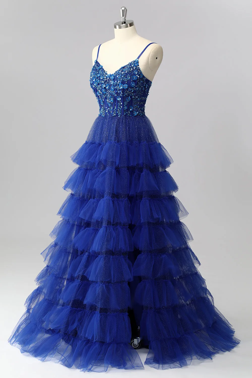 Sparkly Royal Blue Corset A Line Tiered Long Prom Dress with Appliques sold by Zapaka product image thumbnail 3