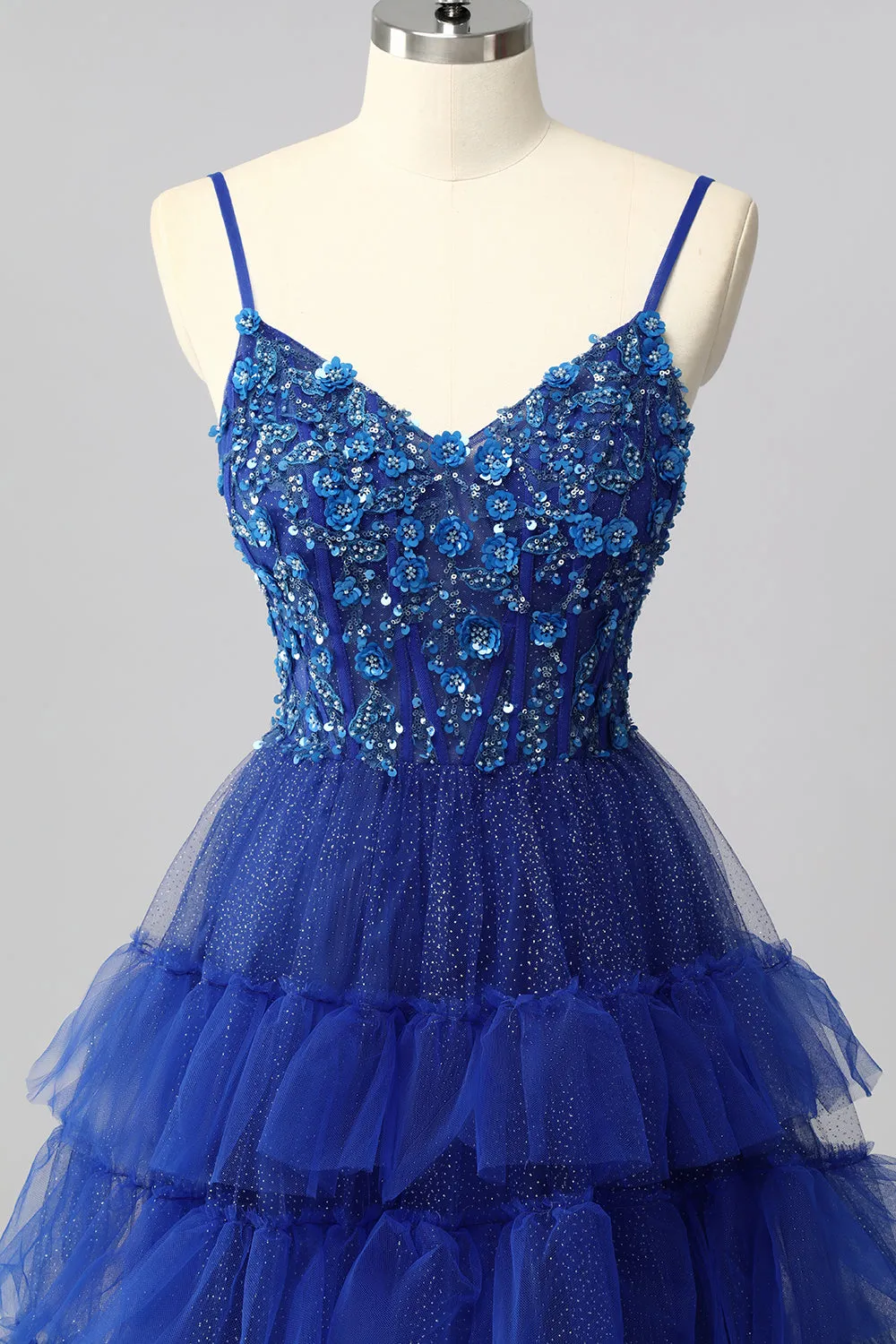 Sparkly Royal Blue Corset A Line Tiered Long Prom Dress with Appliques sold by Zapaka product image thumbnail 4