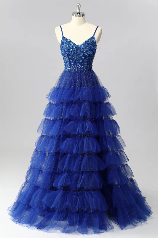 Sparkly Royal Blue Corset A Line Tiered Long Prom Dress with Appliques sold by Zapaka