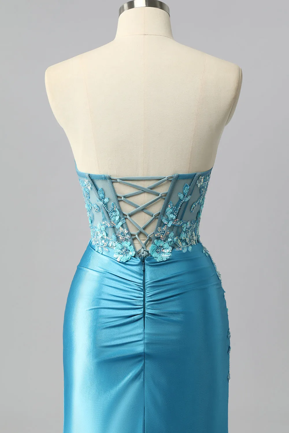 Strapless Blue Corset Mermaid Satin Prom Dress with Appliques sold by Zapaka product image thumbnail 5