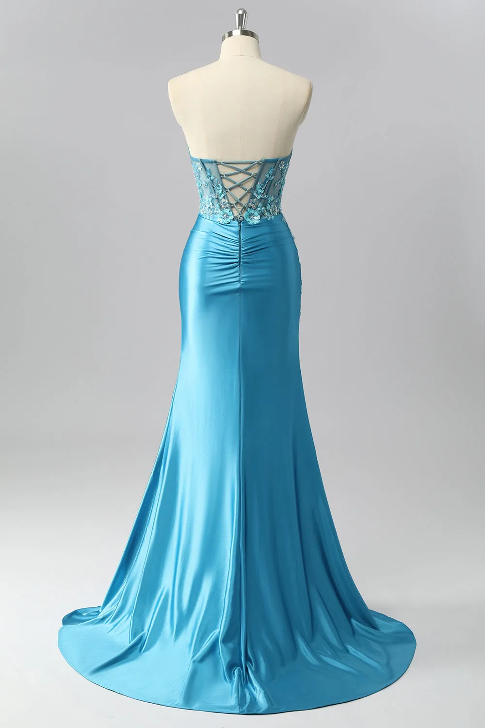 Strapless Blue Corset Mermaid Satin Prom Dress with Appliques sold by Zapaka product image thumbnail 2