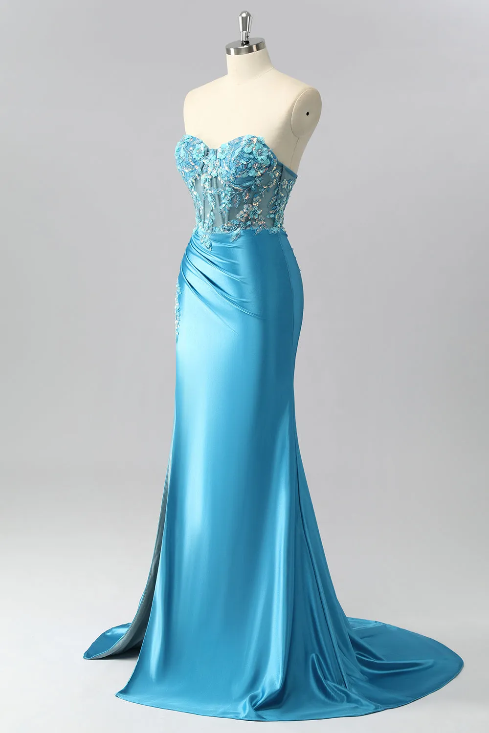 Strapless Blue Corset Mermaid Satin Prom Dress with Appliques sold by Zapaka product image thumbnail 3