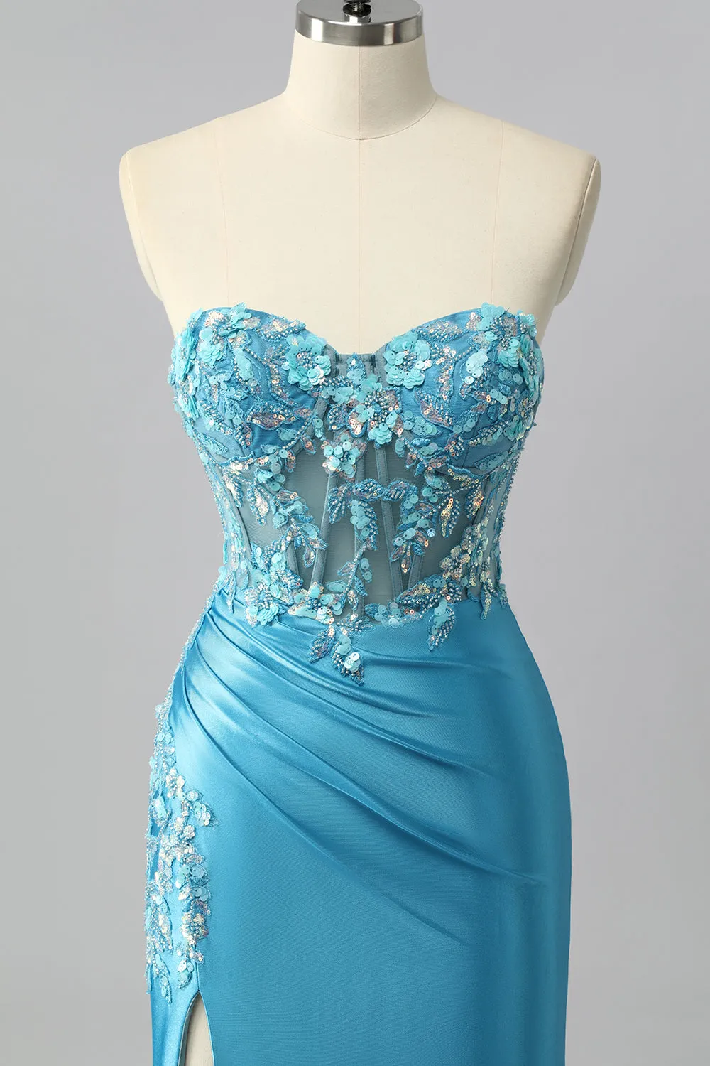 Strapless Blue Corset Mermaid Satin Prom Dress with Appliques sold by Zapaka product image thumbnail 4