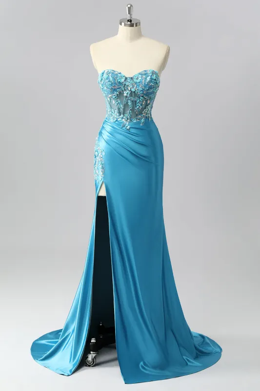 Strapless Blue Corset Mermaid Satin Prom Dress with Appliques sold by Zapaka