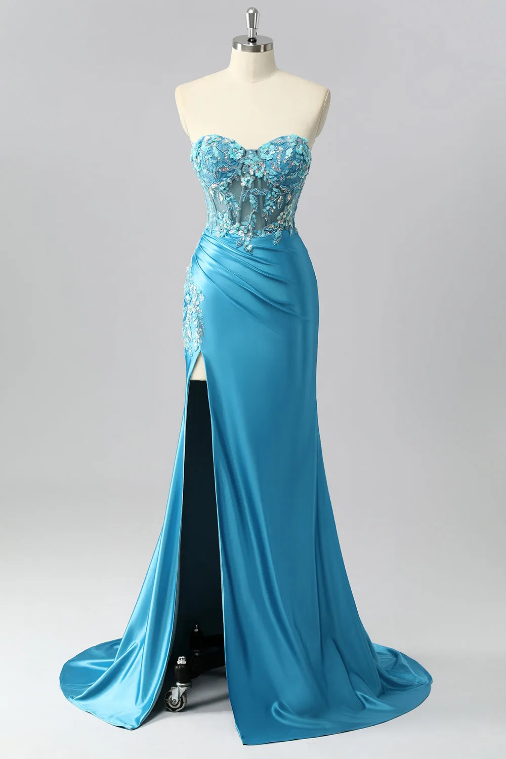 Strapless Blue Corset Mermaid Satin Prom Dress with Appliques sold by Zapaka