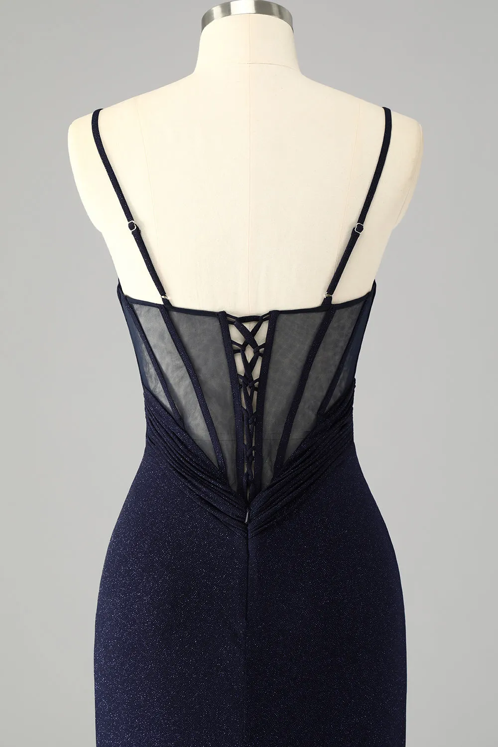 Sparkly Navy Spaghetti Straps Mermaid Long Prom Dress with Slit sold by Zapaka product image thumbnail 5