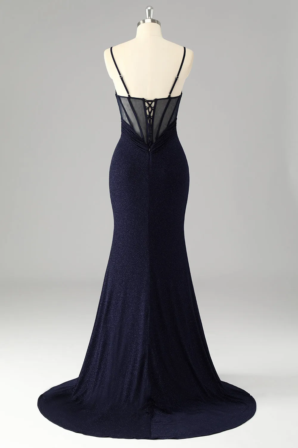 Sparkly Navy Spaghetti Straps Mermaid Long Prom Dress with Slit sold by Zapaka product image thumbnail 2