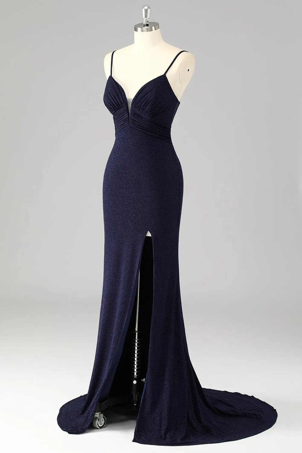 Sparkly Navy Spaghetti Straps Mermaid Long Prom Dress with Slit sold by Zapaka product image thumbnail 3