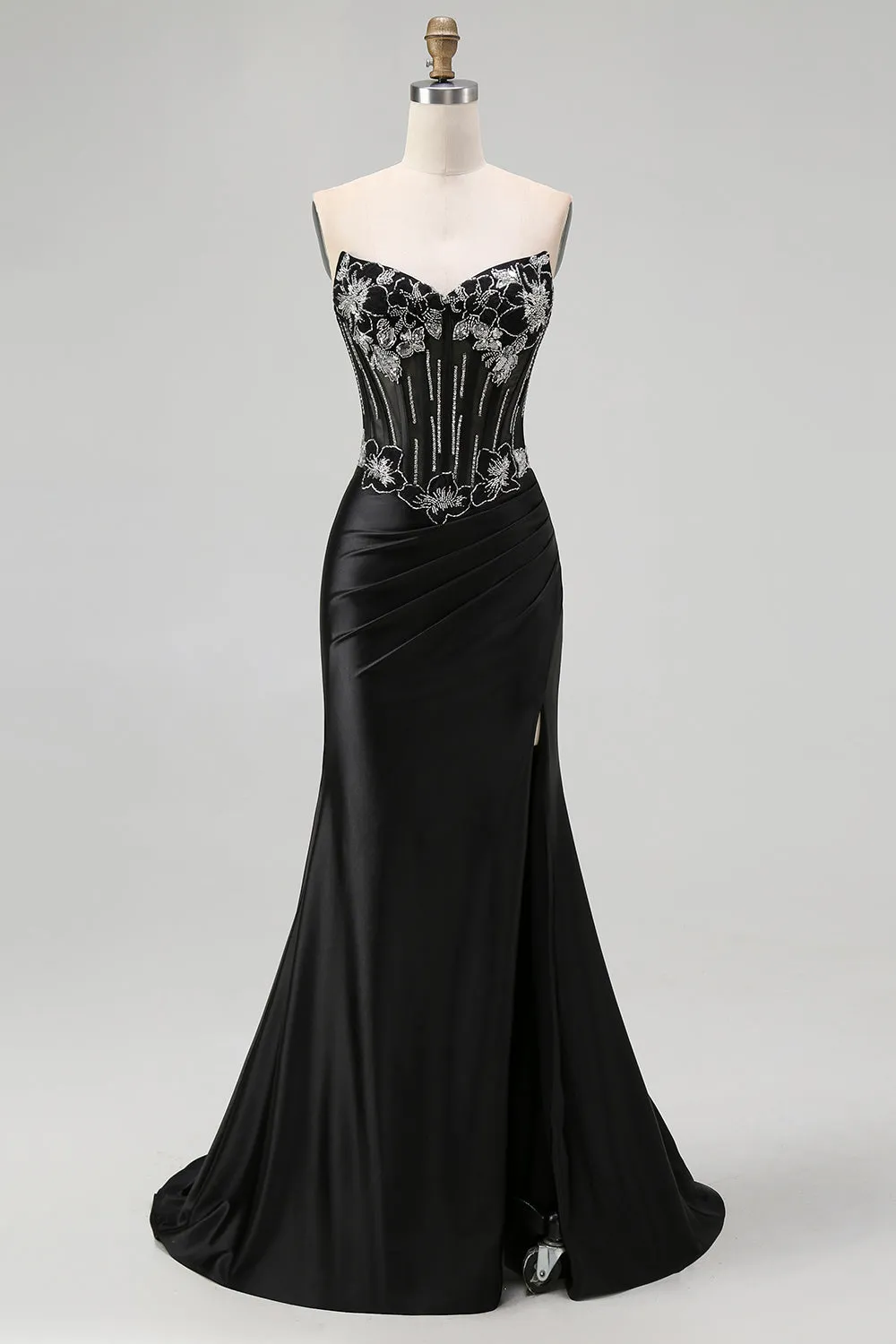 Black Strapless Mermaid Corset Long Prom Dress with Lace Up Back sold by Zapaka