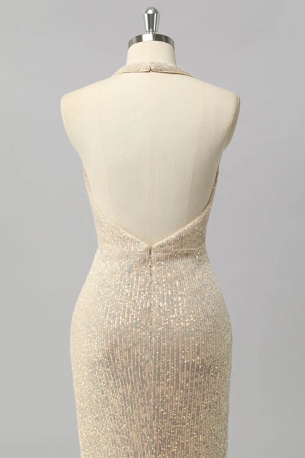 Apricot Mermaid Halter Sequins Open Back Long Prom Dress sold by Zapaka product image thumbnail 5