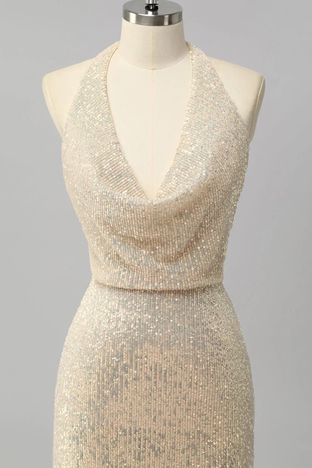 Apricot Mermaid Halter Sequins Open Back Long Prom Dress sold by Zapaka product image thumbnail 4