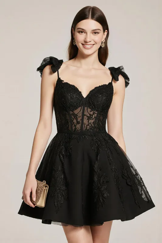 Black Lace A Line Corset Short Cocktail Dress with Bow sold by Zapaka