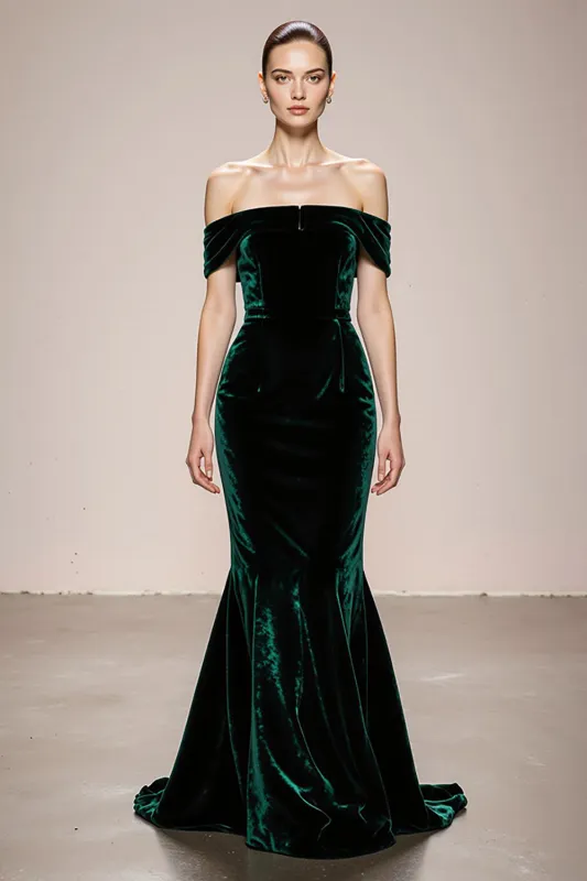 Dark Green Off the Shoulder Mermaid Velvet Evening Dress sold by Zapaka