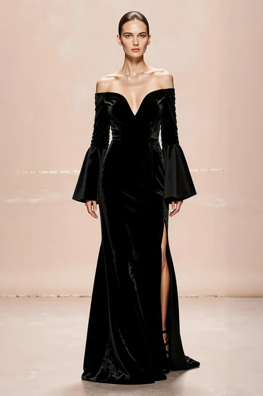 Black Mermaid Off the Shoulder Velvet Evening Dress With Slit sold by Zapaka
