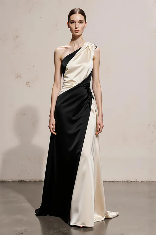 Black and White A-Line One Shoulder Satin Long Evening Dress sold by Zapaka