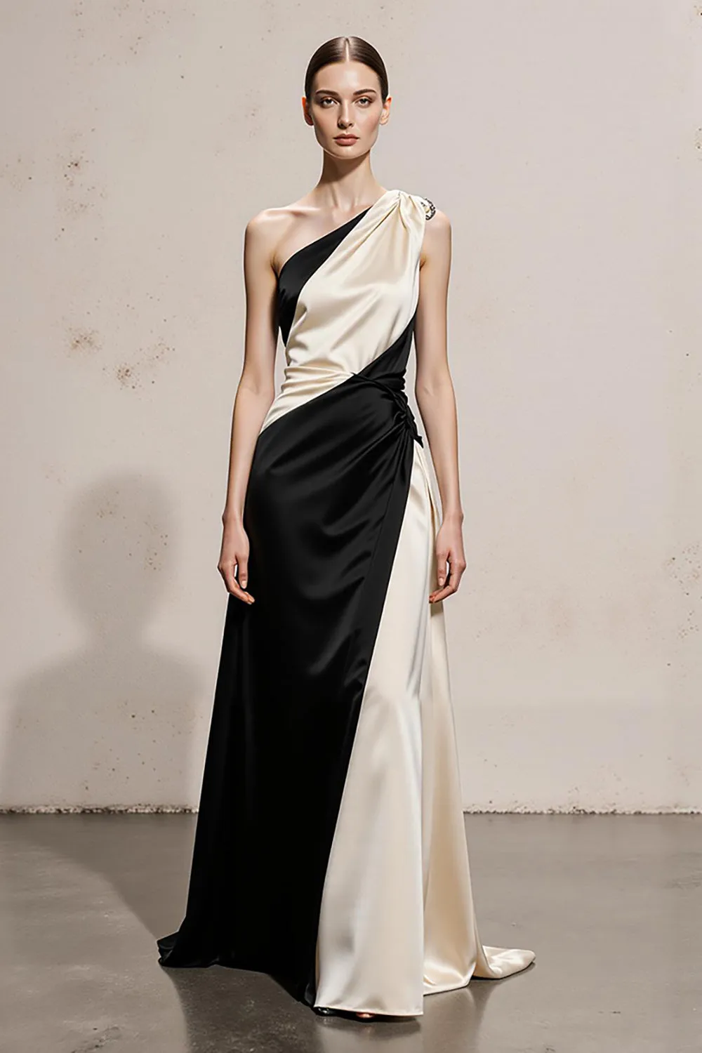Black and White A-Line One Shoulder Satin Long Evening Dress sold by Zapaka