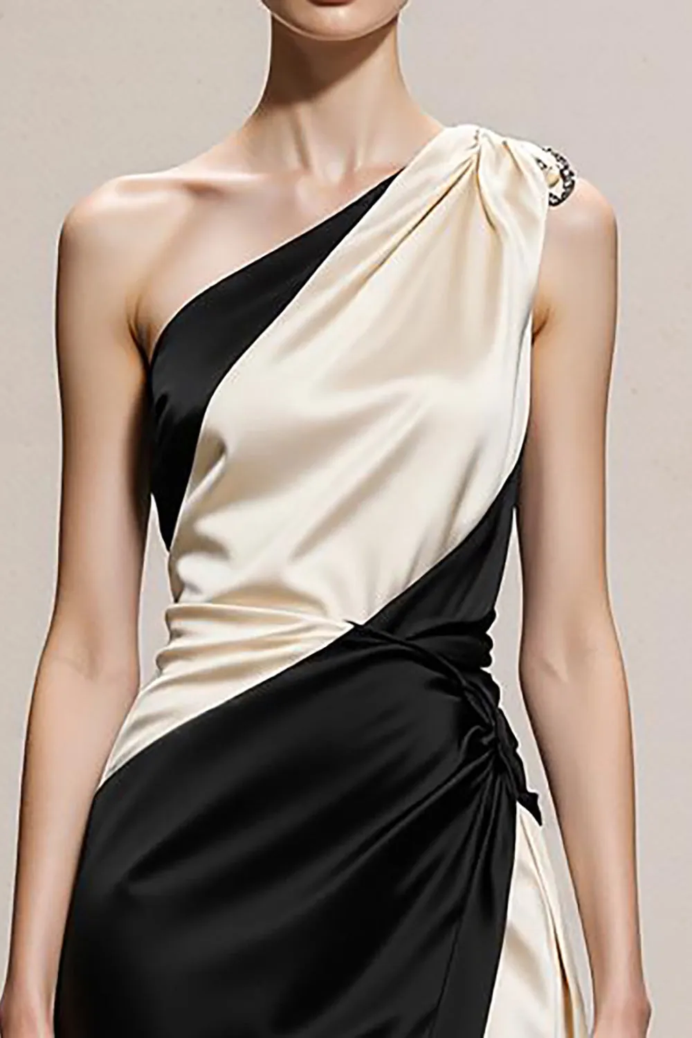Black and White A-Line One Shoulder Satin Long Evening Dress sold by Zapaka product image thumbnail 3