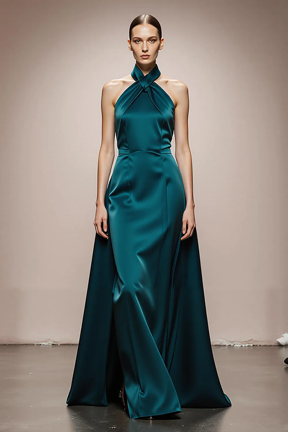 A-Line Halter Dark Green Satin Evening Dress sold by Zapaka