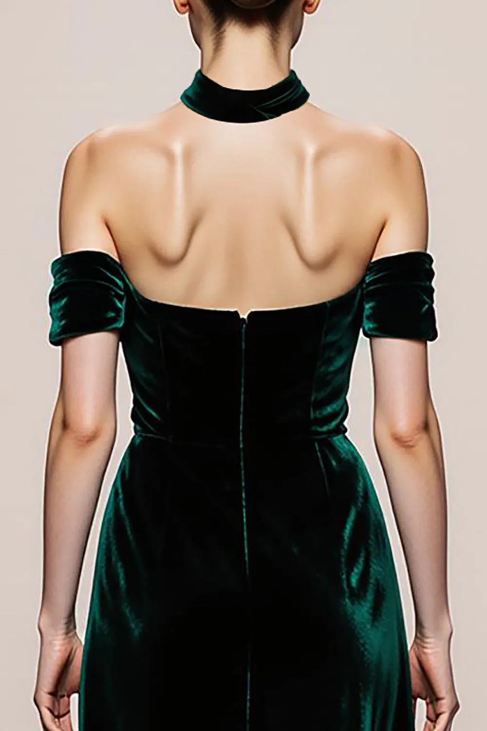 Dark Green A-Line Halter Velvet Long Evening Dress with Slit sold by Zapaka product image thumbnail 4
