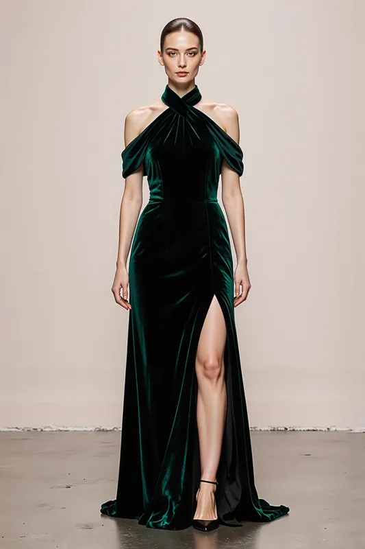 Dark Green A-Line Halter Velvet Long Evening Dress with Slit sold by Zapaka