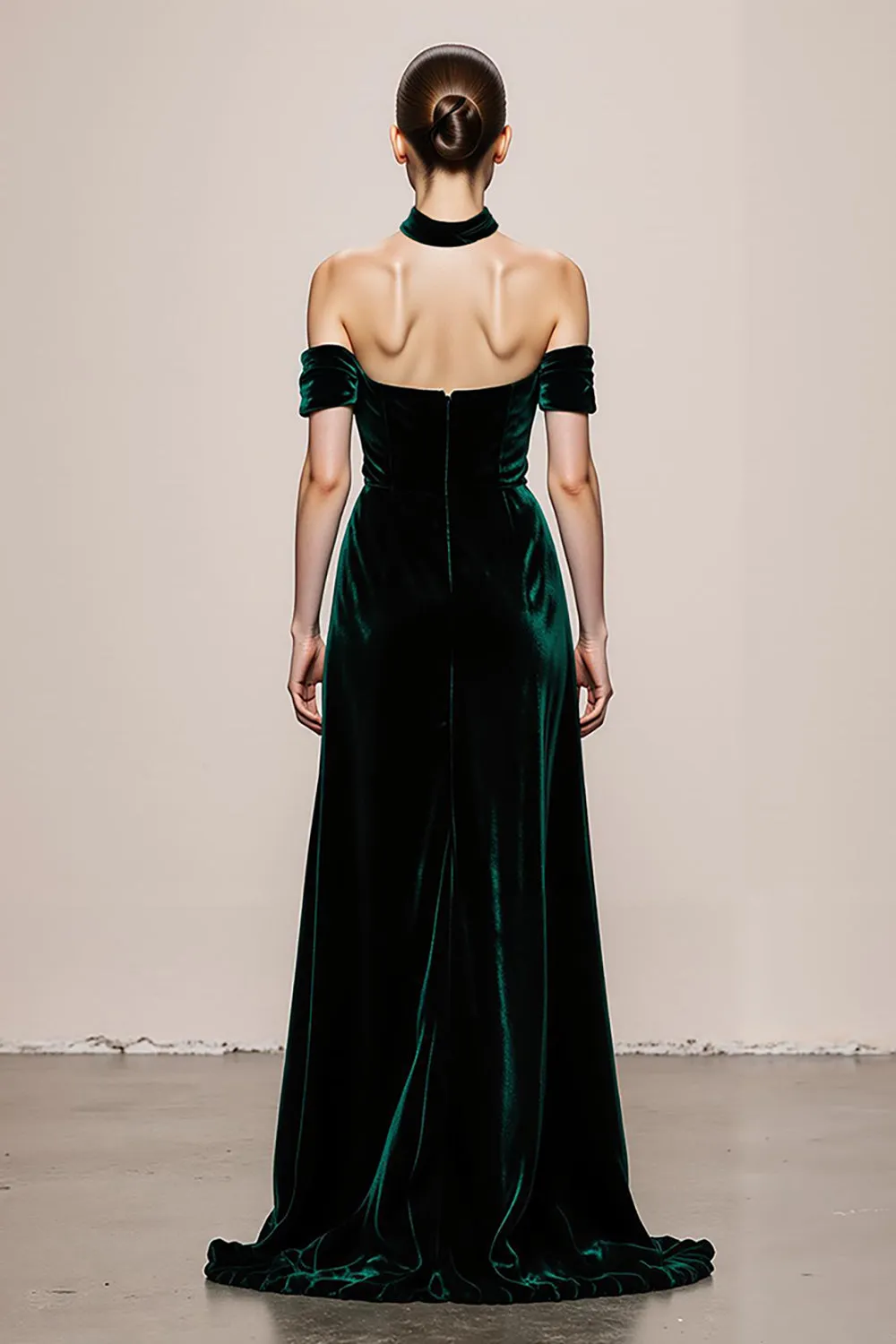 Dark Green A-Line Halter Velvet Long Evening Dress with Slit sold by Zapaka product image thumbnail 2