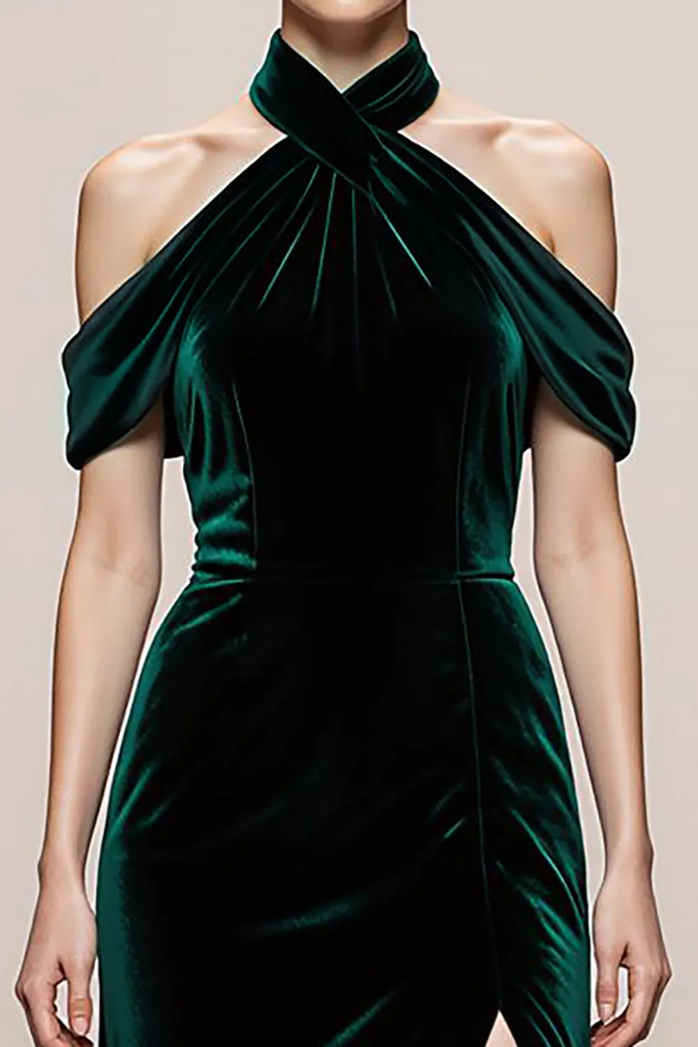 Dark Green A-Line Halter Velvet Long Evening Dress with Slit sold by Zapaka product image thumbnail 3