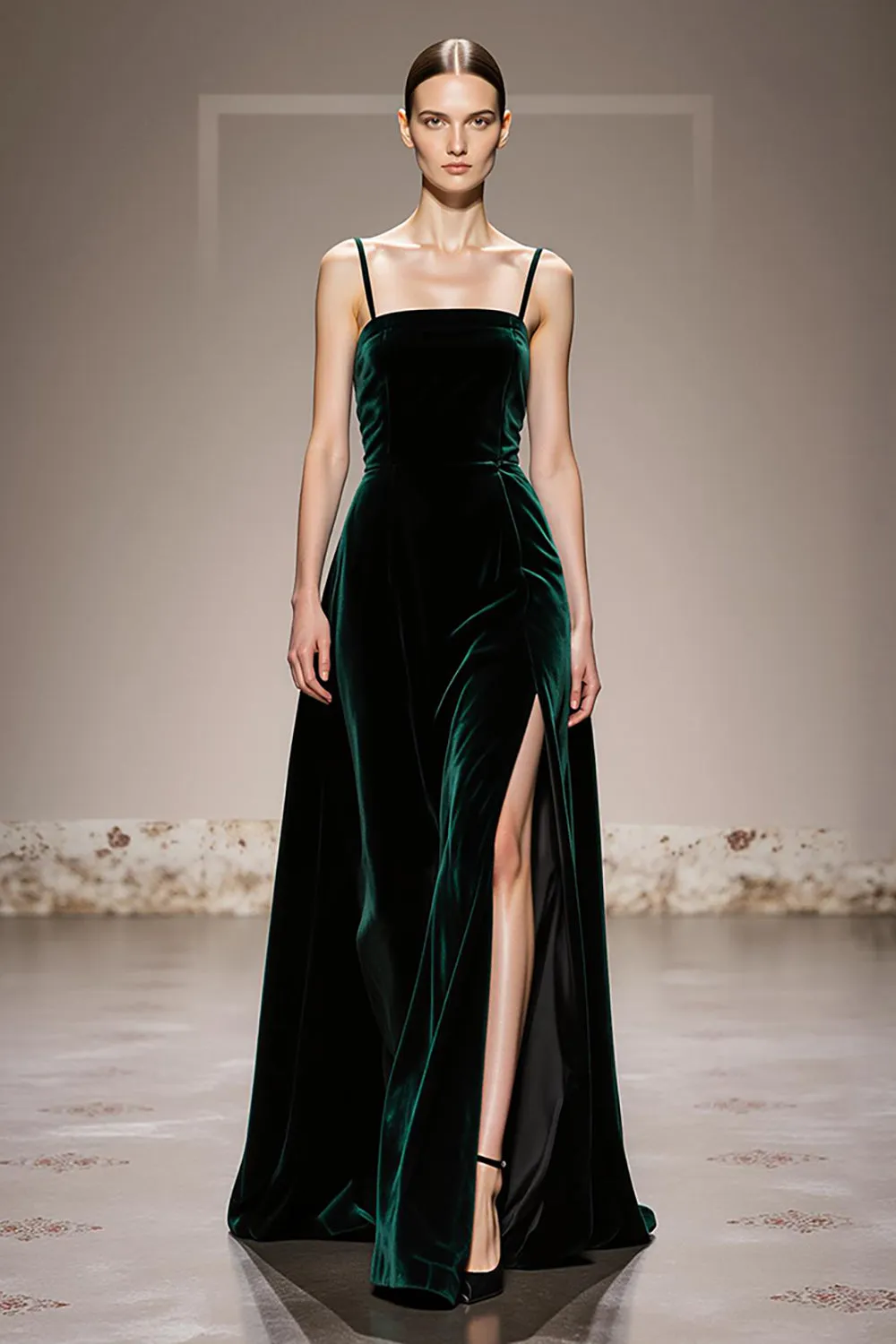 A-Line Dark Green Velvet Evening Dress with Slit sold by Zapaka