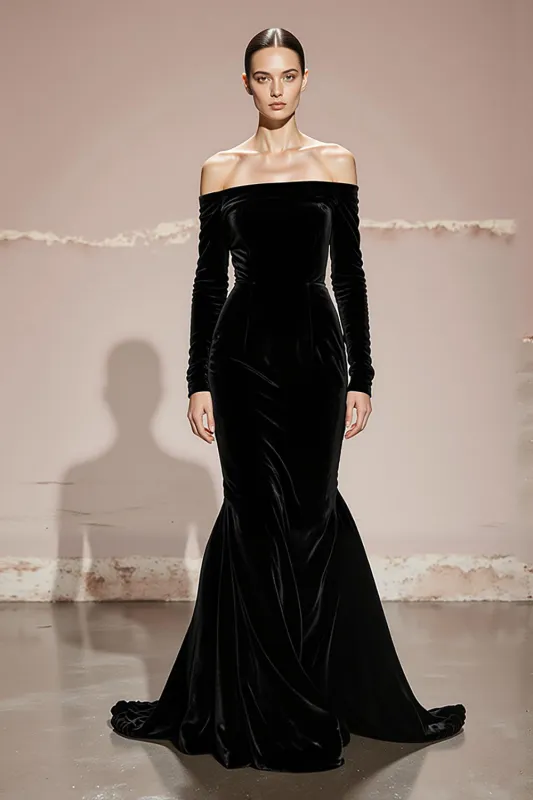 Black Mermaid Off the Shoulder Velvet Long Evening Dress sold by Zapaka