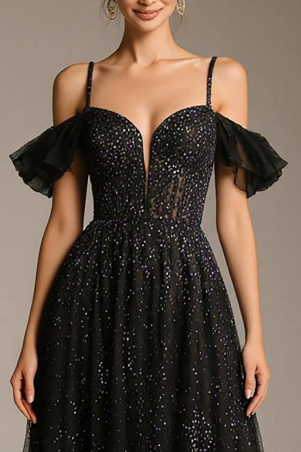 Sparkly Black Cold Shoulder A-Line Tulle Pageant Dress sold by Zapaka product image thumbnail 3