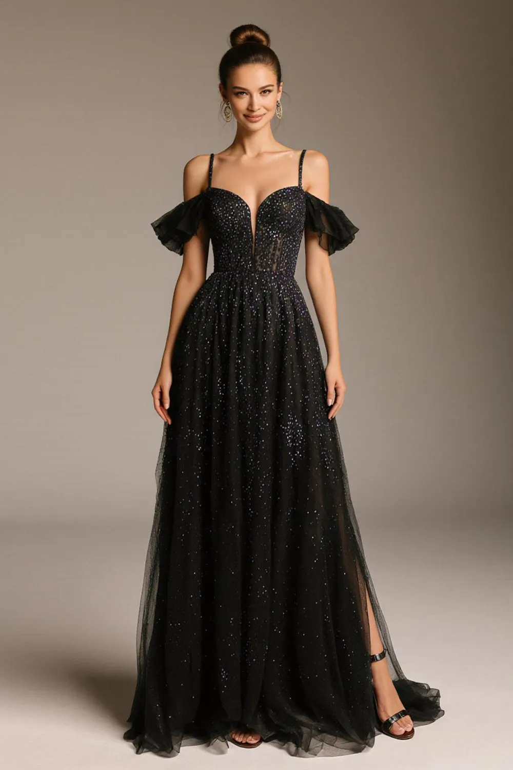Sparkly Black Cold Shoulder A-Line Tulle Pageant Dress sold by Zapaka