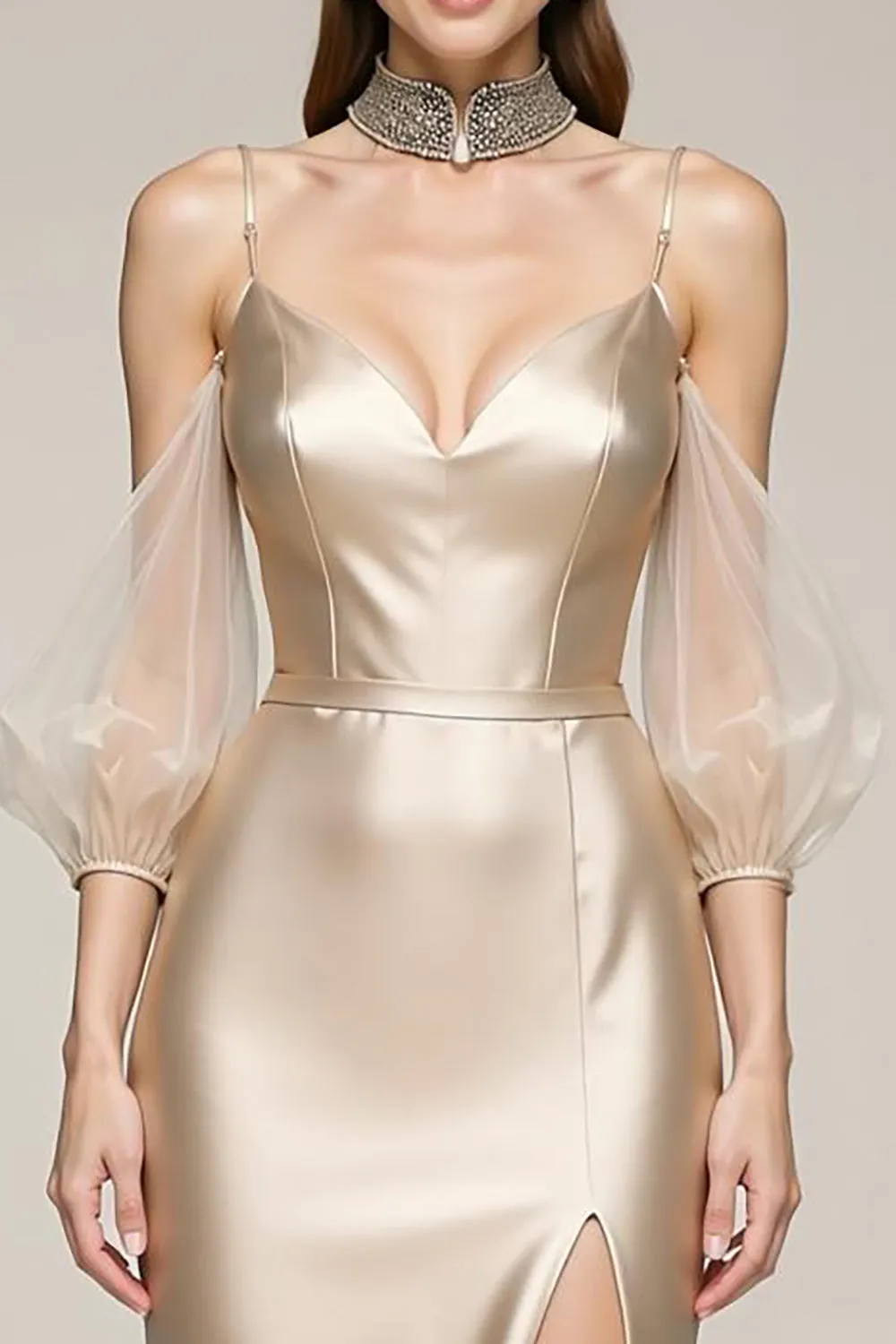 Champagne Mermaid Cold Shoulder Pageant Dress with Slit sold by Zapaka product image thumbnail 3
