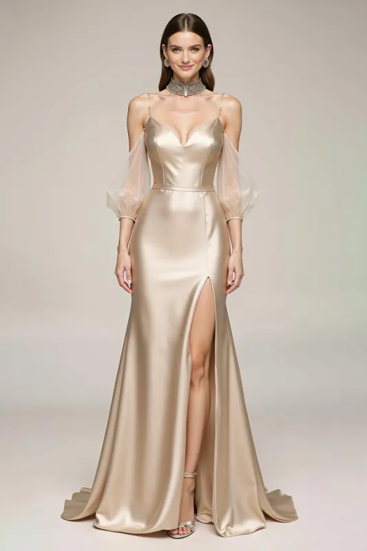 Champagne Mermaid Cold Shoulder Pageant Dress with Slit sold by Zapaka