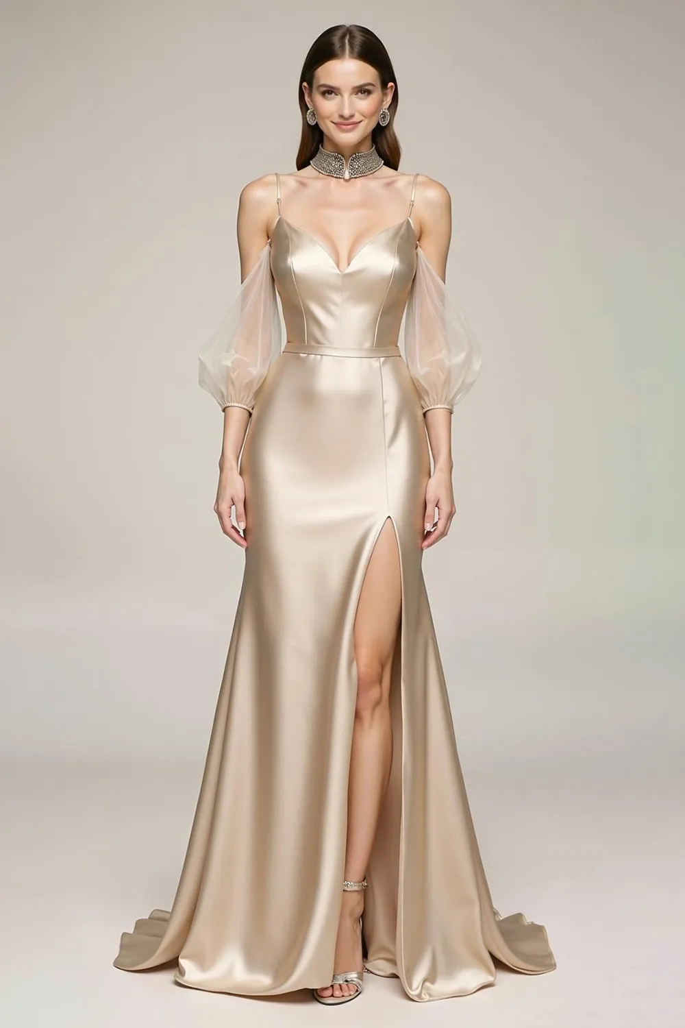 Champagne Mermaid Cold Shoulder Pageant Dress with Slit sold by Zapaka