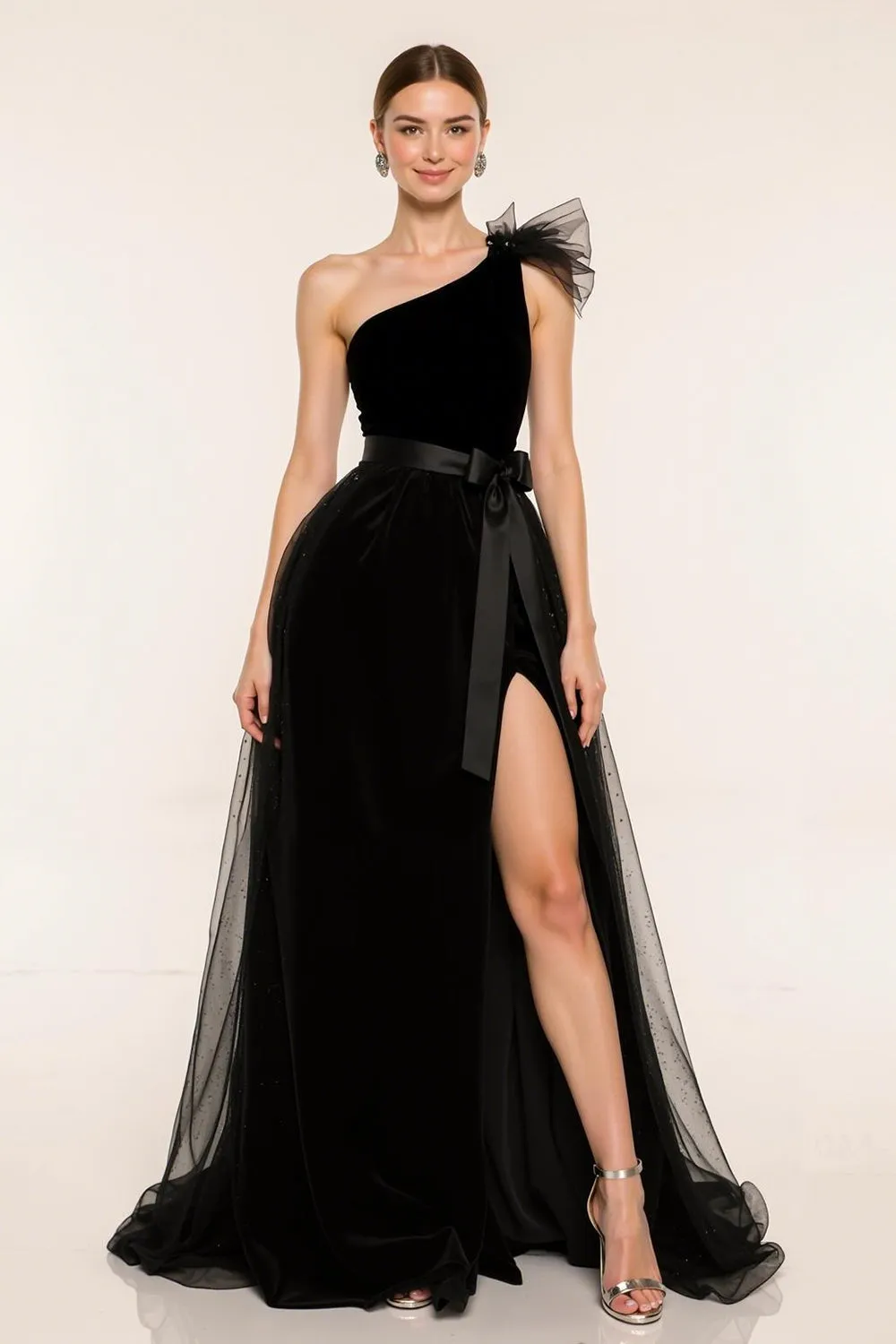Black One Shoulder A-Line Pageant Dress with Slit sold by Zapaka