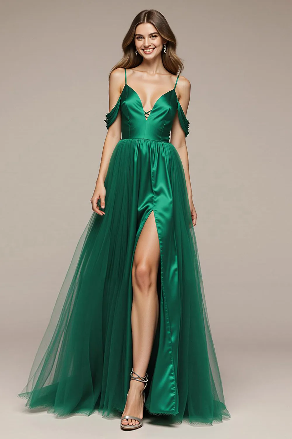 Cold Shoulder Green A-Line Satin Pageant Dress with Slit sold by Zapaka