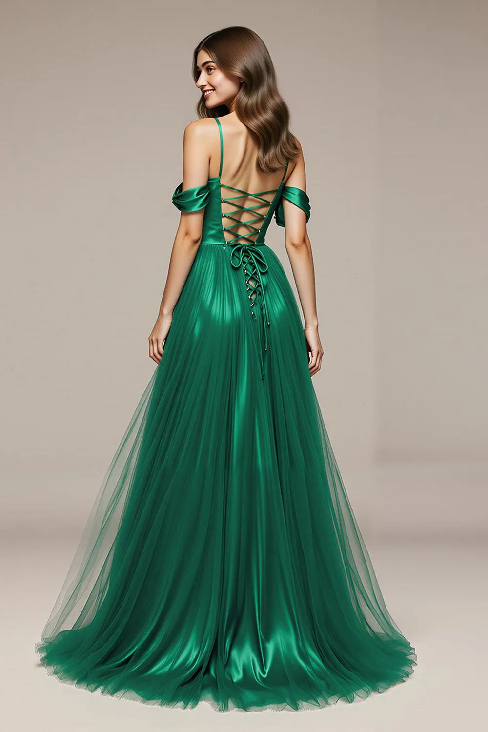 Cold Shoulder Green A-Line Satin Pageant Dress with Slit sold by Zapaka product image thumbnail 2