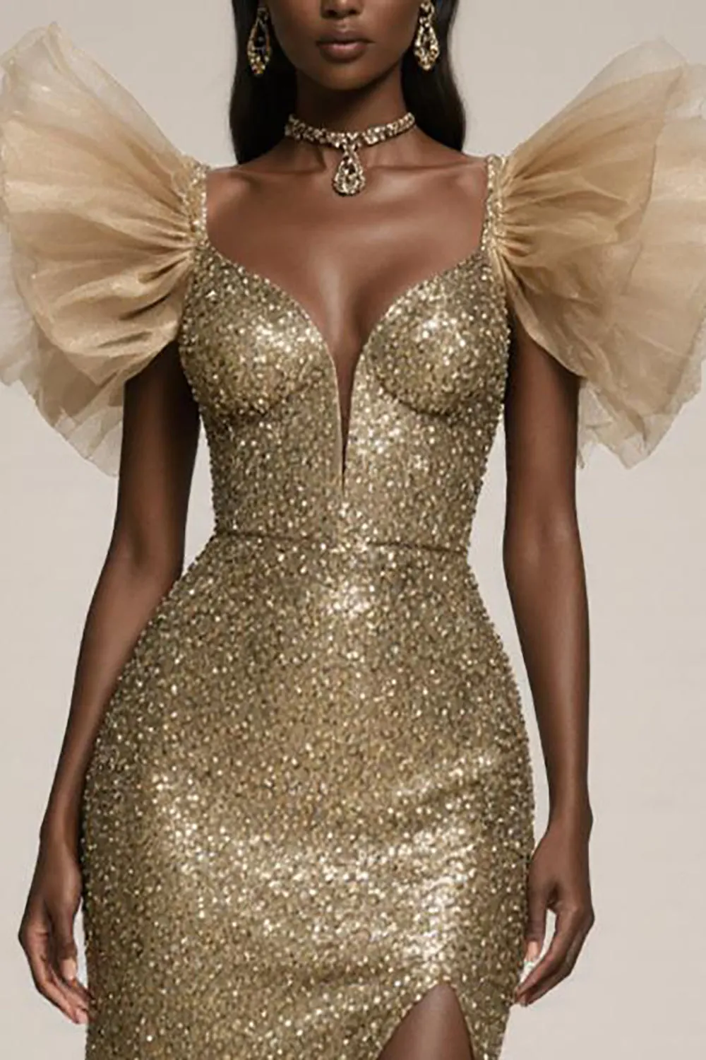 Sparkly Gold Mermaid Ruffled Pageant Dress with Slit sold by Zapaka product image thumbnail 3