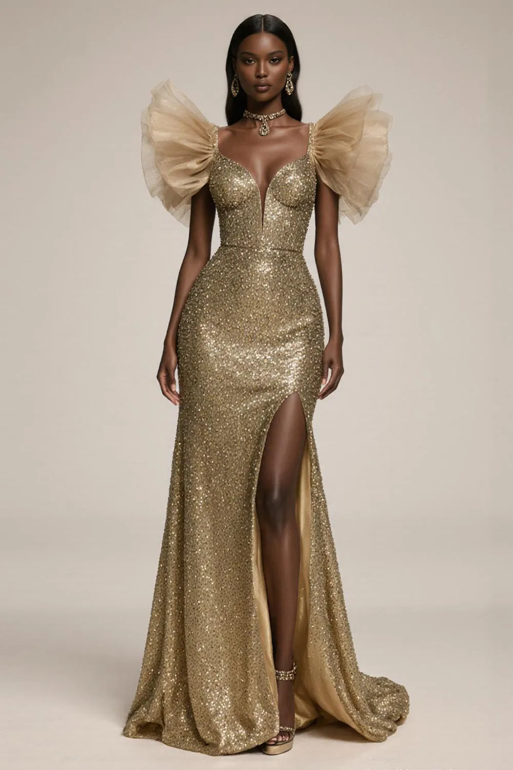 Sparkly Gold Mermaid Ruffled Pageant Dress with Slit sold by Zapaka